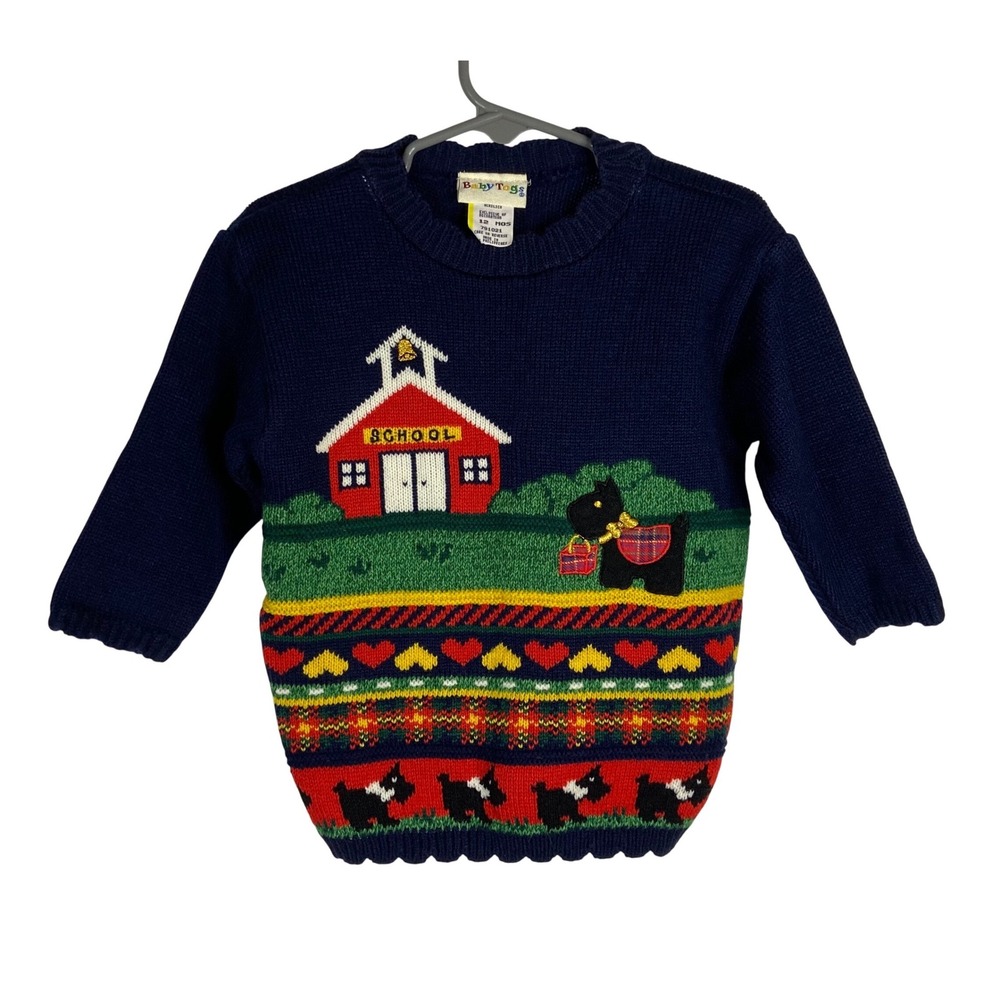 Baby Togs Vintage Scottie Dog Schoolhouse Knit Sweater Navy Blue 12 Months